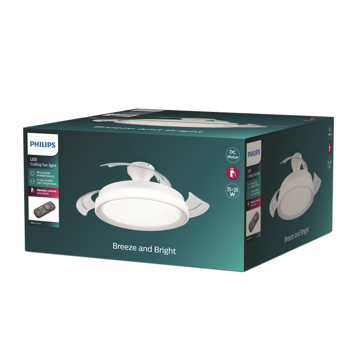 Ventilador de techo modelo Bliss Blanco 2024.

Haz que tu hogar resulte m&aacute;s agradable con la brisa y la luz adecuadas. Con solo un par de clics en el mando a distancia, el ventilador de techo retr&aacute;ctil con luz LED de Philips te brinda al mismo tiempo la iluminaci&oacute;n y el frescor que necesitas del ventilador. El ventilador con aspas transparentes retr&aacute;ctiles no crea sombras molestas en el techo y, adem&aacute;s, las aspas se pueden plegar cuando el ventilador no est&aacute; en uso. Con todas las ventajas de EyeComfort y la luz ajustable SceneSwitch, satisface todas las necesidades de iluminaci&oacute;n para tu espacio

Adecuado para habitaciones hasta 15 m&sup2;