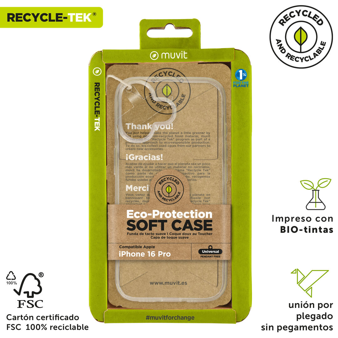 La protección del medio ambiente es, hoy en día, una preocupación en todo momento, junto a la preocupación de proteger nuestro Smartphone. Con las fundas recycletek de muvit for change, proponemos una gama de fundas reciclables, fabricadas con fundas usadas y viejas. Una manera responsable de proteger nuestro smartphone. Porque contribuir en la lucha contra la contaminación y proteger nuestro eco sistema, debe formar parte de nuestros gestos cotidianos.