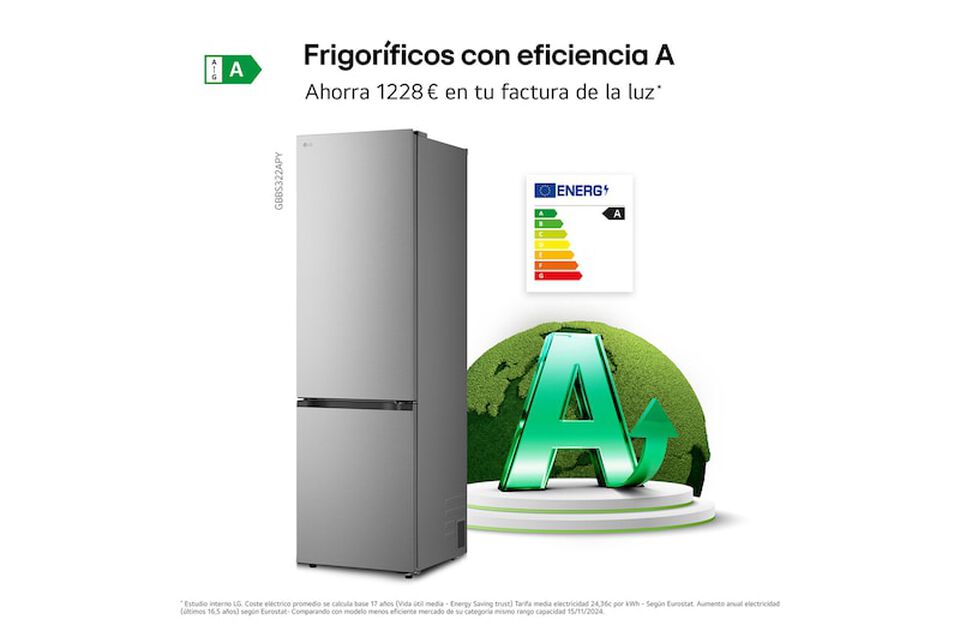 Frigor&iacute;fico combi LG GBBS322APY con DoorCooling+, eficiencia energ&eacute;tica A, conectividad WiFi y acabado inox antihuellas.