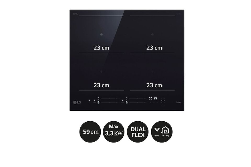 Placa de inducci&oacute;n de 59 cm con 2 zonas Flex, controles t&aacute;ctiles deslizantes, funci&oacute;n Boost de 3,3 kW y conectividad WiFi para sincronizaci&oacute;n con campana. Cristal negro y m&aacute;xima flexibilidad de cocci&oacute;n