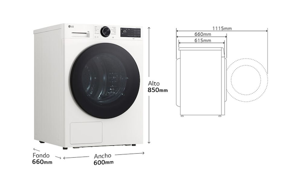 Secadora LG RHX5009TLB con bomba de calor Dual Inverter, AI Dry&trade;, 9 kg de capacidad, eficiencia energ&eacute;tica B y conectividad WiFi ThinQ.