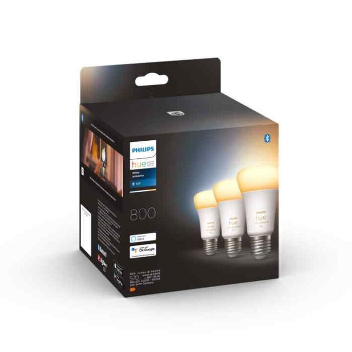 Pack Triple E27 Philips Hue white ambiance.

LED integrado.

Bridge NO incluido.

Dimmer NO incluido

Controlable  por Wifi & Bluetooth.

Configura el ambiente adecuado para cualquier momento y decora tu hogar con luz blanca c&aacute;lida o fr&iacute;a. Puedes disfrutar de diferentes estilos a lo largo del a&ntilde;o, con independencia de si prefieres una luz blanca n&iacute;tida que te recuerde a la brisa primaveral, una luz blanca c&aacute;lida similar al sol en verano o una luz fr&iacute;a m&aacute;s invernal.