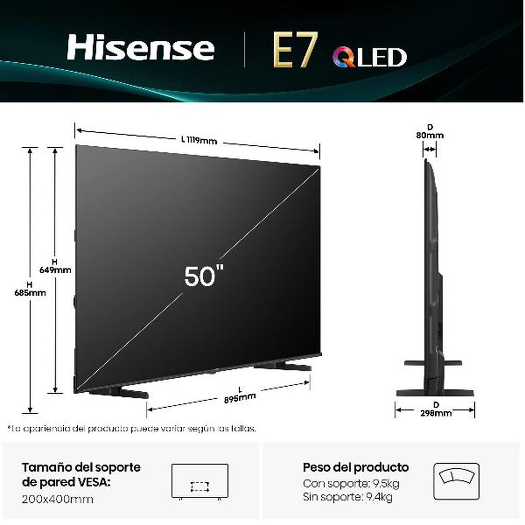 Serie E7Q QLED TV 50E7Q Smart TV 50 pulgadas con Dolby Vision & Atmos
Quantum Dot Colour, Modo Juego PLUS, 60Hz VRR 120 fps, Bluetooth & HDMI, Alexa Built in & VIDAA Voice