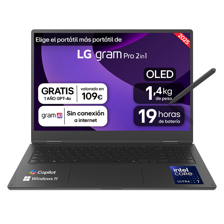 Port&aacute;til 16" LG gram Pro 2en1 - 16T90TP, Windows 11, Intel&reg; Arrow Lake H, 32 GB RAM, 1TB SSD, Panel OLED WQXGA+ (2880x1800), Ligero 1,4 kg, 19