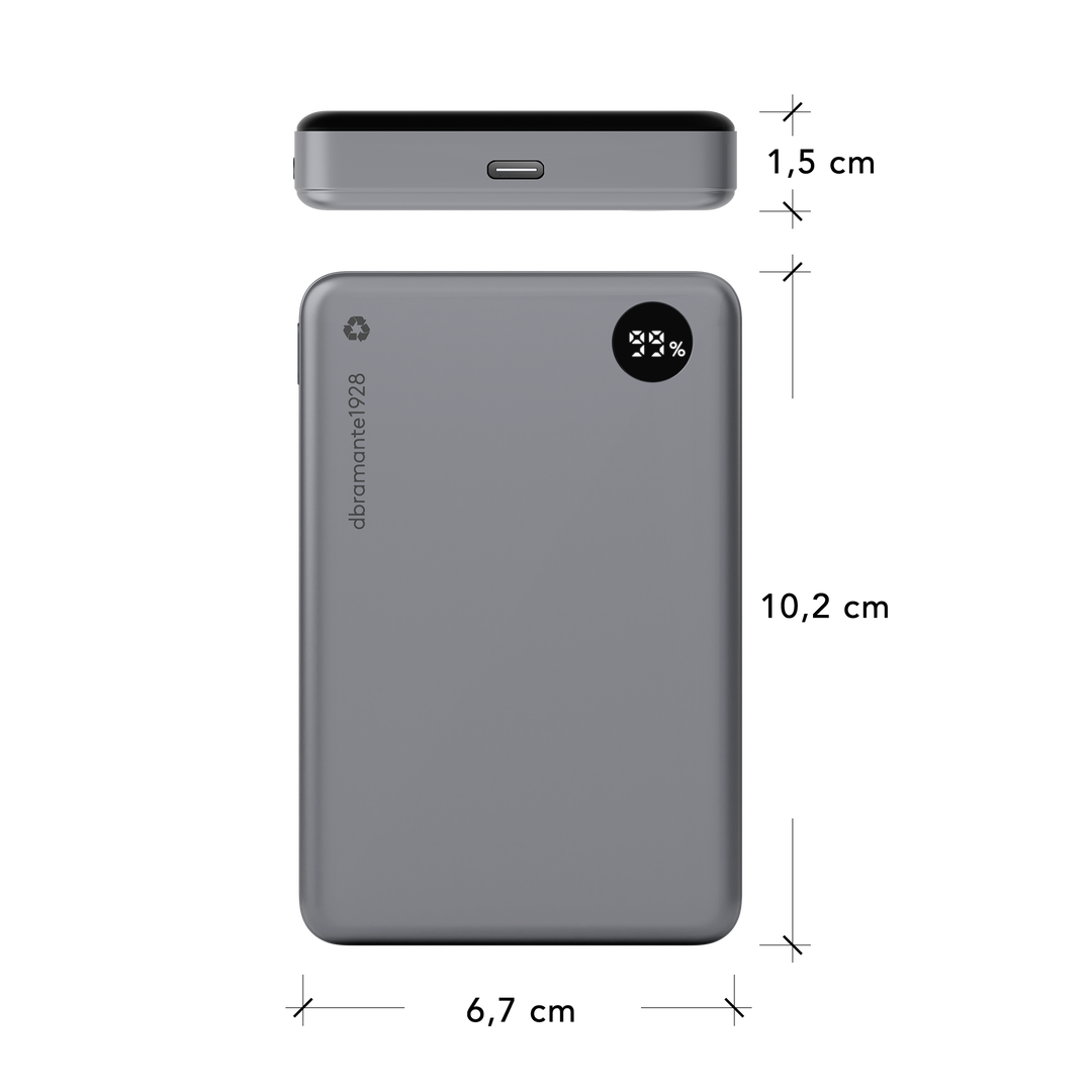 Power Bank Eco MAgsafe inal&aacute;mbrica de 10.000 Mah Fabricado con materiales pl&aacute;stico reciclado y recicables. 100% GRS certificado. Incorpora tambien un LED indicando si es necesario recargarla. Tambien cable USB C de carga.