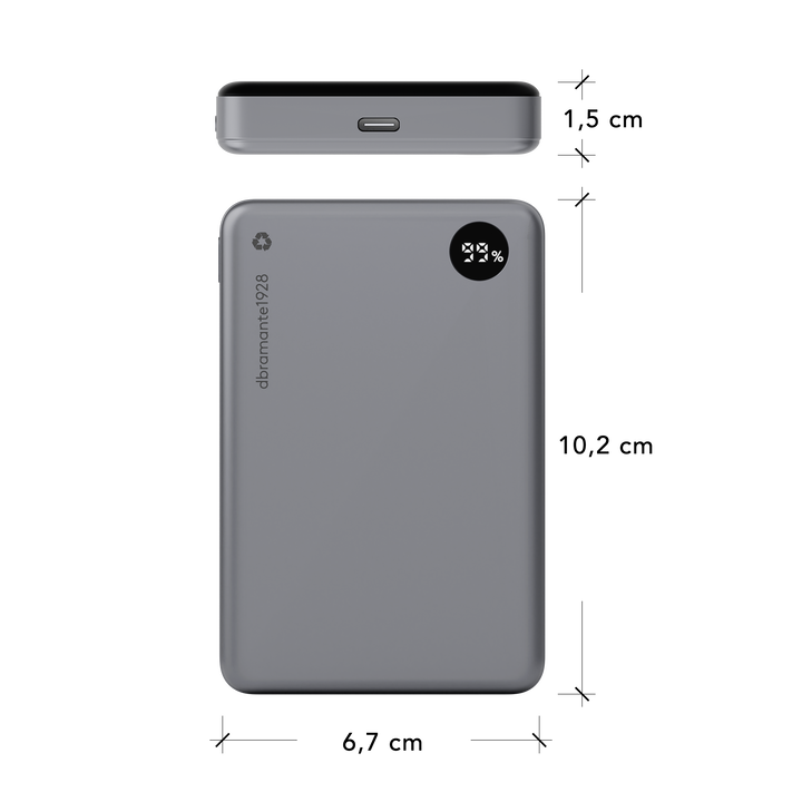 Power Bank Eco MAgsafe inal&aacute;mbrica de 10.000 Mah Fabricado con materiales pl&aacute;stico reciclado y recicables. 100% GRS certificado. Incorpora tambien un LED indicando si es necesario recargarla. Tambien cable USB C de carga.