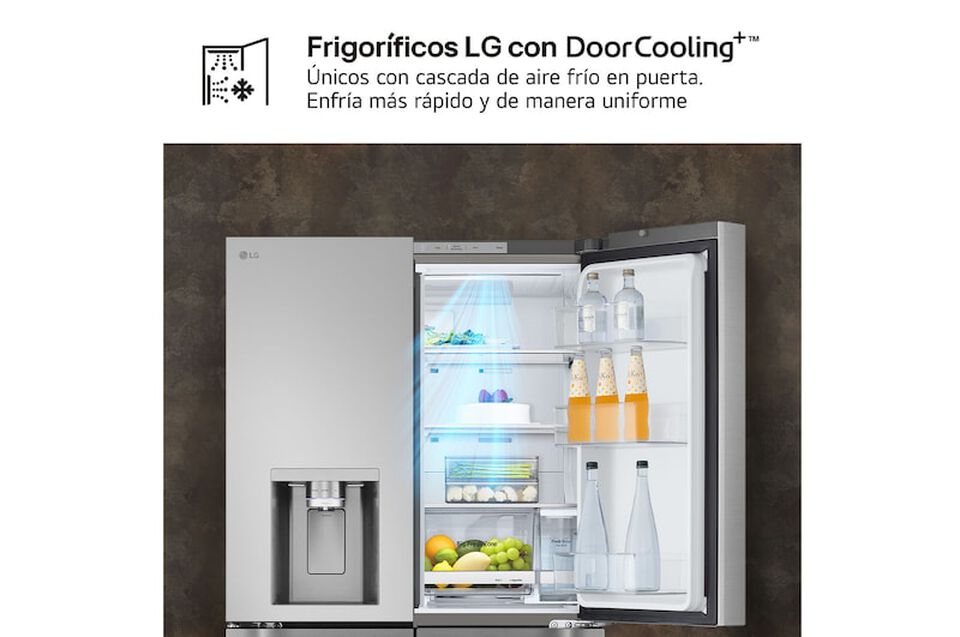 Frigor&iacute;fico americano de 4 puertas con 646 litros, InstaView, DoorCooling+, LinearCooling, UVnano y dispensador de agua y hielo con dep&oacute;sito interno. Clase energ&eacute;tica E y dise&ntilde;o inox antihuellas.