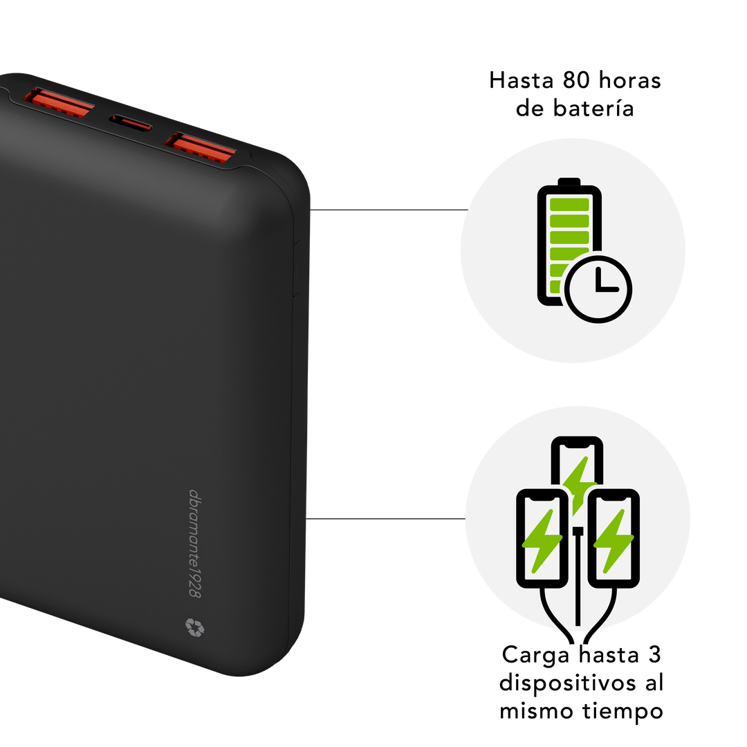 Power Bank Eco MAgsafe inal&aacute;mbrica de 10.000 Mah Fabricado con materiales pl&aacute;stico reciclado y recicables. 100% GRS certificado. Incorpora tambien un LED indicando si es necesario recargarla. Tambien cable USB C de carga.