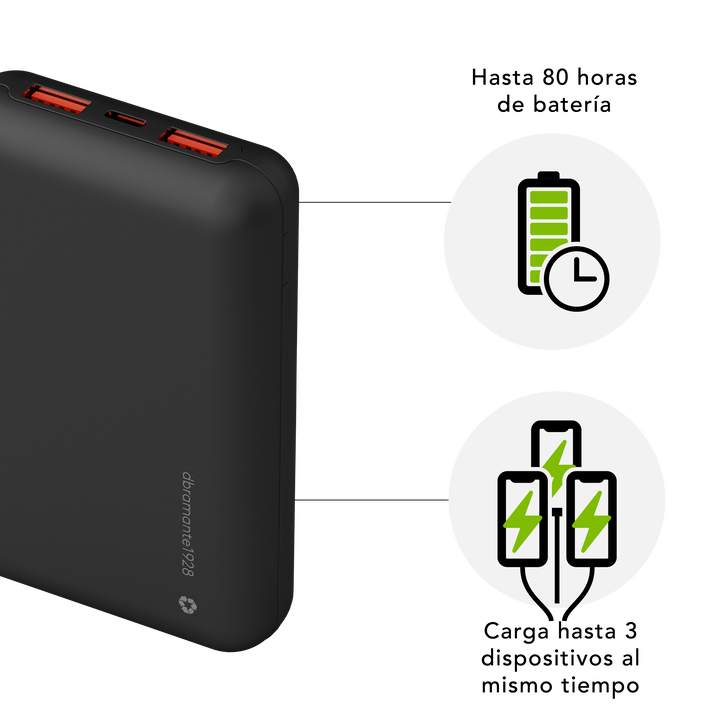 Power Bank Eco MAgsafe inal&aacute;mbrica de 10.000 Mah Fabricado con materiales pl&aacute;stico reciclado y recicables. 100% GRS certificado. Incorpora tambien un LED indicando si es necesario recargarla. Tambien cable USB C de carga.