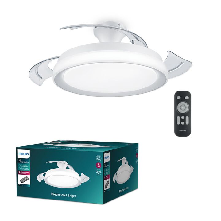 Ventilador de techo modelo Bliss Blanco 2024.

Haz que tu hogar resulte m&aacute;s agradable con la brisa y la luz adecuadas. Con solo un par de clics en el mando a distancia, el ventilador de techo retr&aacute;ctil con luz LED de Philips te brinda al mismo tiempo la iluminaci&oacute;n y el frescor que necesitas del ventilador. El ventilador con aspas transparentes retr&aacute;ctiles no crea sombras molestas en el techo y, adem&aacute;s, las aspas se pueden plegar cuando el ventilador no est&aacute; en uso. Con todas las ventajas de EyeComfort y la luz ajustable SceneSwitch, satisface todas las necesidades de iluminaci&oacute;n para tu espacio

Adecuado para habitaciones hasta 15 m&sup2;