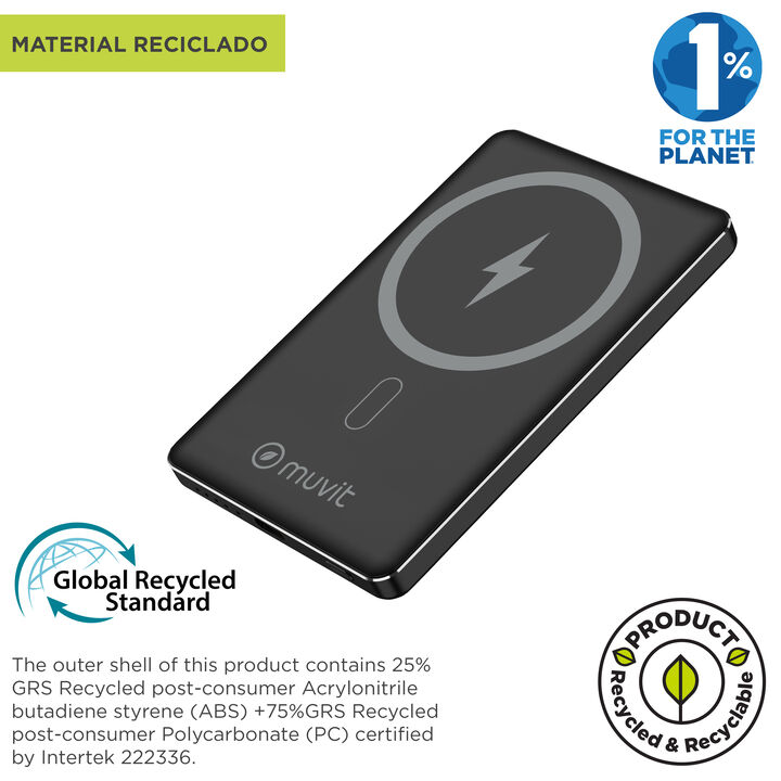 muvit for change: Energ&iacute;a MagSafe y sostenibilidad en tu bolsillo. Lleva contigo la muvit for change Emergency Battery, una bater&iacute;a externa ultra compacta de 5000mAh dise&ntilde;ada en aluminio premium. Disfruta de la comodidad de la carga inal&aacute;mbrica MagSafe de 15W o utiliza su puerto USB-C PD de 20W para una carga r&aacute;pida por cable. Un accesorio eco-responsable, fabricado con materiales reciclados y dise&ntilde;ado para acompa&ntilde;arte incluso en tus viajes en avi&oacute;n.