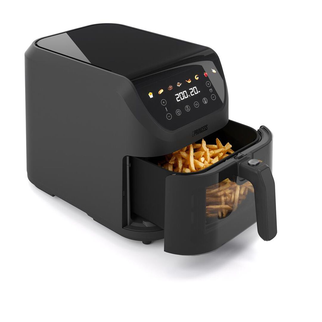 La Princess 182476 SlimFry Airfryer ofrece una forma inteligente de disfrutar de tus platos favoritos de manera más saludable. Gracias a su diseño delgado, se adapta fácilmente a tu encimera, lo que la hace ideal para cocinas pequeñas o espacios limitados. A pesar de su tamaño compacto, esta freidora de aire tiene una generosa capacidad de 8 litros, perfecta para cocinar para varias personas. Además, el potente motor de 2000W y la conveniente ventana de visualización permiten cocinar de forma rápida y eficiente sin abrir la freidora y perder calor o tiempo. Hornea, fríe o asa sin exceso de grasa ni aceite. La freidora de aire es fácil de usar gracias a su pantalla digital.