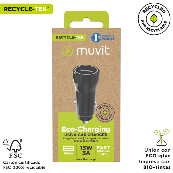 &iexcl;Viaja y carga tus dispositivos sin dejar de contribuir a cuidar el planeta!

El cargador de coche de un elegante dise&ntilde;o patentado de muvit for change, est&aacute; fabricado con pl&aacute;stico reciclado de origen certificado. Dispone de 1 puerto de salida USB 3A 15W, en color negro y 100% reciclable. (cable no incluido).

En muvit for change nos comprometemos a donar el 1% de los ingresos para el planeta*.