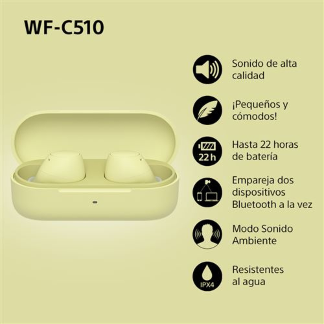 <p>Tras d&eacute;cadas de experiencia en audio de Sony, los auriculares WF-C510 est&aacute;n dise&ntilde;ados para ofrecer alta calidad de sonido para todo tipo de m&uacute;sica.</p>
