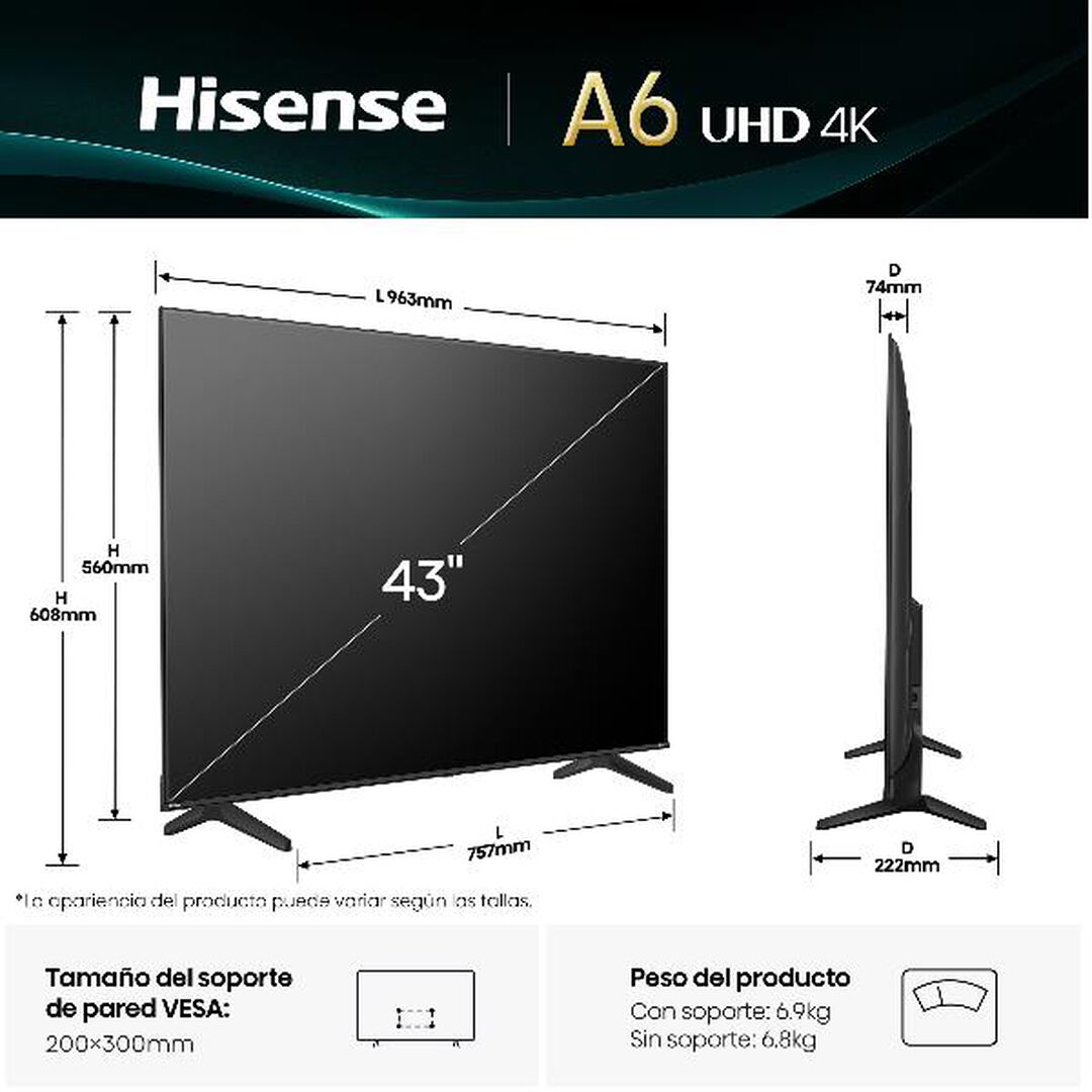 Hisense TV 43" 109,2 cm 4K Ultra HD Smart TV Wifi Negro 300 cd / m² Dolby Vision