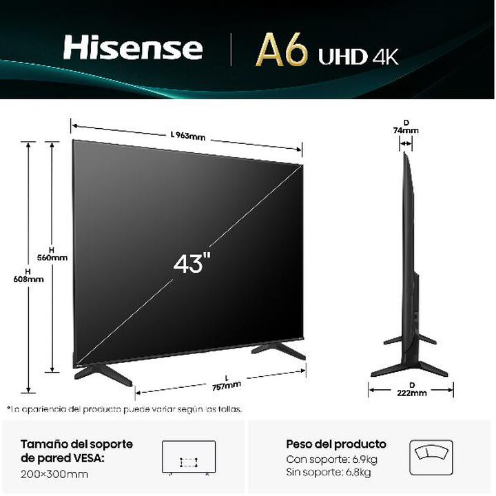 Hisense TV 43" 109,2 cm 4K Ultra HD Smart TV Wifi Negro 300 cd / m² Dolby Vision