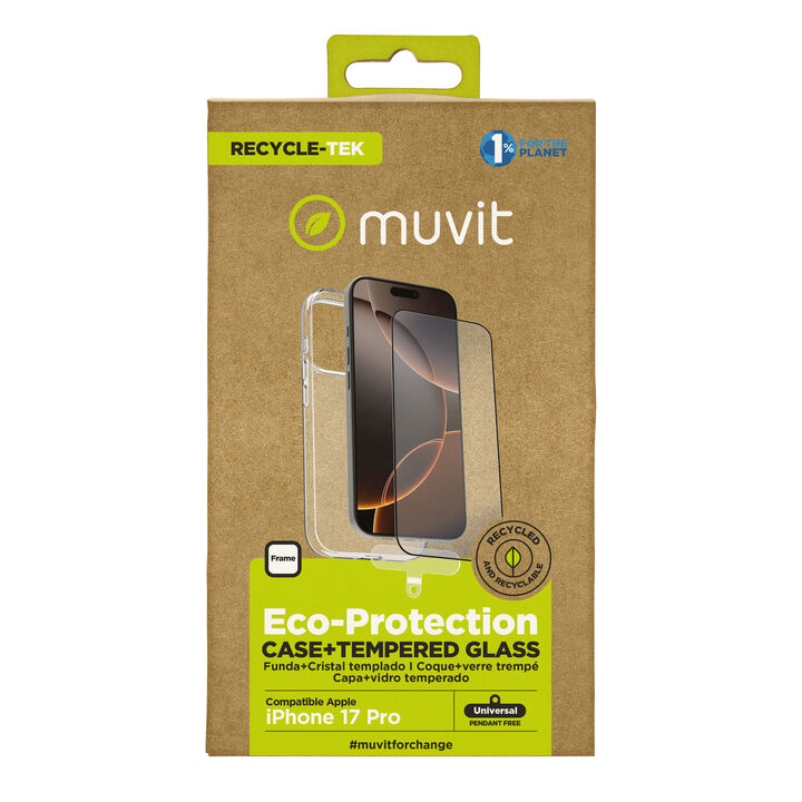 La protección del medio ambiente es, hoy en día, una preocupación en todo momento. Con el PACK funda recycletek +protector eco responsable de muvit for change, proponemos una manera responsable de proteger nuestro smartphone. Porque contribuir en la lucha contra la contaminación y proteger nuestro eco sistema, debe formar parte de nuestros gestos cotidianos.

El PACK incluye la funda Recycletek 100% reciclable y 100% fabricada con materiales reciclados de fundas usadas y vieja. Nuestro protector de pantalla eco responsable, aporta protección extra a la pantalla de tu Smartphone sin perder la sensibilidad al tacto. De alta resistencia a impactos y arañazos con una dureza de 9H (máxima escala). Ambos productos están fabricados con plástico reciclado de origen certificado.

En muvit for change nos comprometemos a donar el 1% de los ingresos para el planeta*.