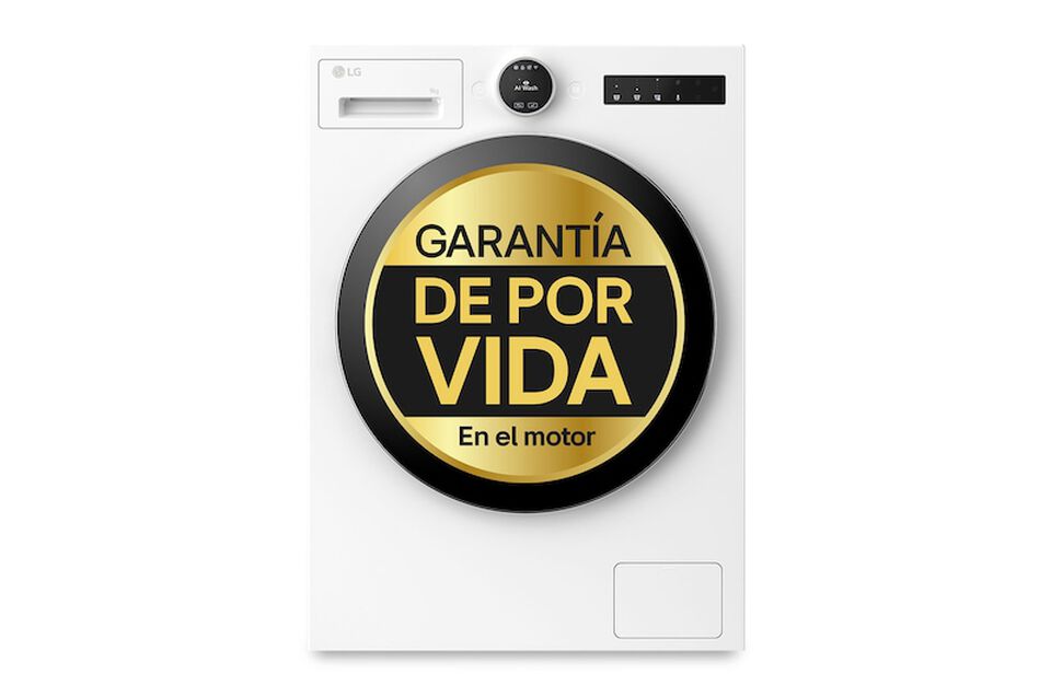 Lavadora LG 9 kg con AI Direct Drive y TurboWash 360&deg;, 1400 rpm, conectividad ThinQ, alta eficiencia (&minus;60% vs A), color blanco.