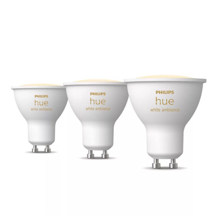 Pack Triple GU10 Philips Hue white ambiance.

LED integrado.

Bridge NO incluido.

Dimmer Switch NO incluido.

Controlable  por Wifi & Bluetooth.

Establece el ambiente perfecto para cualquier momento con las diversas y atractivas opciones de luz blanca natural. Utiliza la aplicaci&oacute;n para ajustar el tono de la luz blanca: de una luz fr&iacute;a energizante a una luz blanca c&aacute;lida relajante. Controla y ajusta el ambiente de manera precisa: ni muy brillante ni muy oscuro.