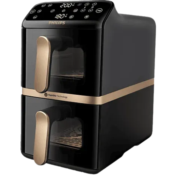 Airfryer Serie 4000 con doble cesta vertical (2&times;5 L, total 10 L), tecnolog&iacute;a Rapid Air, ventana de control, pantalla t&aacute;ctil superior, funci&oacute;n de sincronizaci&oacute;n y app HomeID de recetas. Color negro con mango cobre.