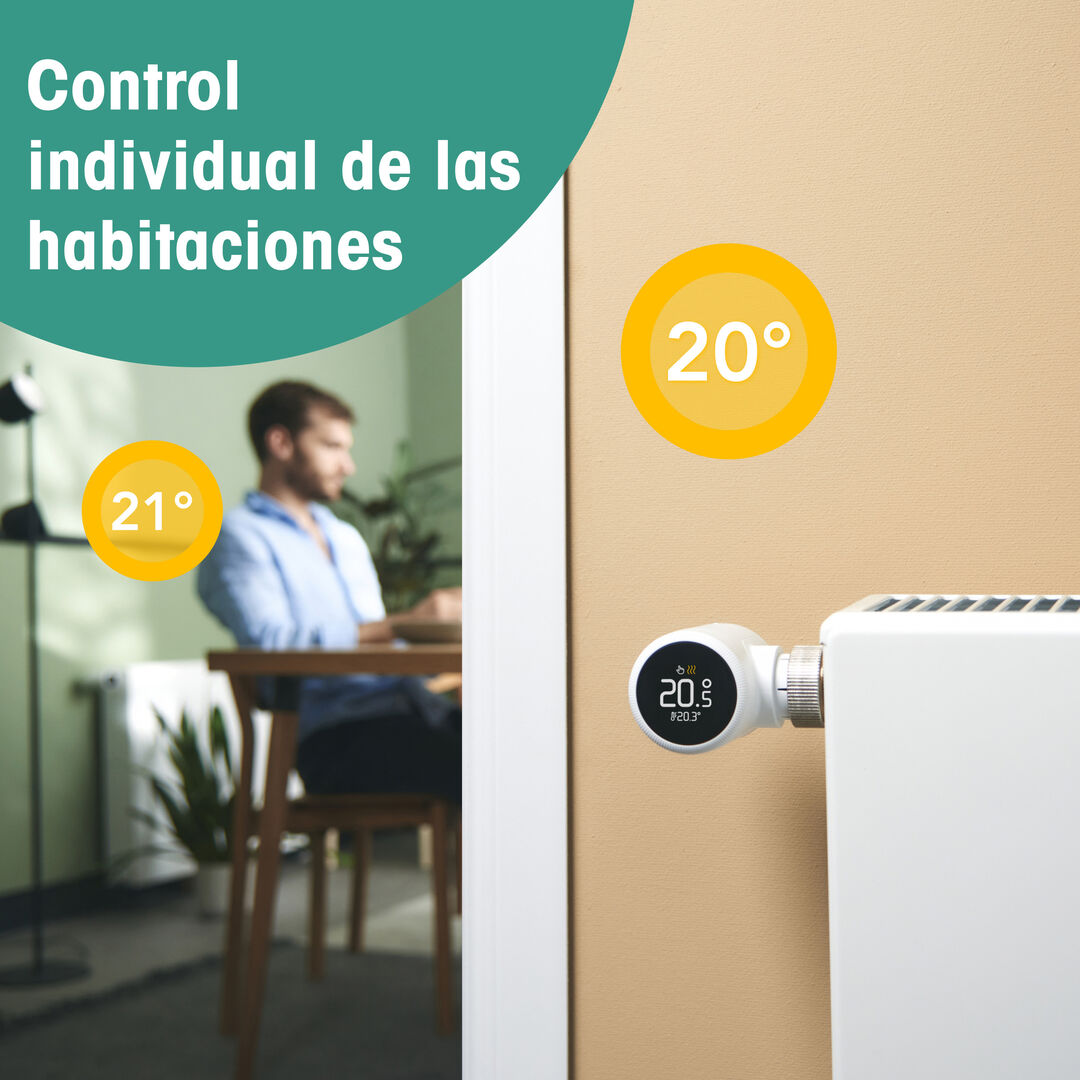 - Inteligente: Ahorra dinero y energía cada día de forma sencilla, gracias a nuestra tecnología a prueba de futuro y funciones diseñadas para una calefacción más eficiente que nunca
- Individual: Controla la temperatura de cada habitación desde cualquier lugar a través de nuestra aplicación, desarrollada por expertos en calefacción inteligente
- Sencillo: Instala tado° por tu cuenta sin necesidad de conexión a Internet; ahora con una batería recargable; también incluye el Bridge X para vincular fácilmente todos tus dispositivos de hogar inteligente