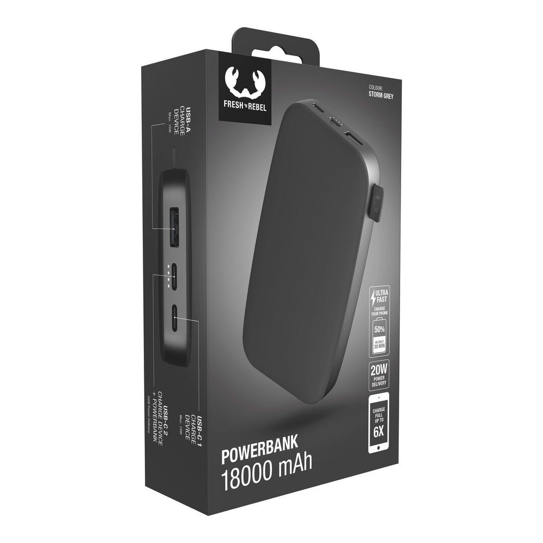Nuestros últimos Powerbanks tienen un diseño suave y, gracias a la función de carga rápida, son más rápidos que nunca. Con 20W Power Delivery sus dispositivos estarán listos para funcionar antes de que se de cuenta. El Powerbank 18000 mAh puede cargar su teléfono hasta 6 veces y su tablet hasta 3 veces. 
· Carga ultrarrápida con suministro de energía de 20 W 
· Carga hasta el 50% en 30 min 
· 6 características de seguridad 
· Aprobado para avión Nuestros últimos Powerbanks tienen un diseño suave y, gracias a la función de carga rápida, son más rápidos que nunca. Con 20W Power Delivery sus dispositivos estarán listos para funcionar antes de que se de cuenta. El Powerbank 18000 mAh puede cargar su teléfono hasta 6 veces y su tablet hasta 3 veces. 
· Carga ultrarrápida con suministro de energía de 20 W 
· Carga hasta el 50% en 30 min 
· 6 características de seguridad 
· Aprobado para avión