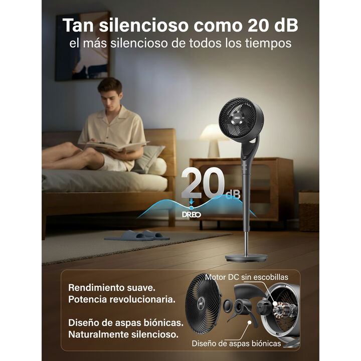 El ventilador compacto con potencia TurboPoly para una circulaci&oacute;n total. Altura regulable: 94107 cm. Alcance ultra-lejano: hasta 33,5 metros

 Alcance ultra-lejano: hasta 33,5 metros
 Motor DC: sin escobillas (BLDC) de 36 W
 Velocidad del aire: 8,2 m/s
 Volumen de aire: 940 CFM ( 1.600 m3/h)
 Nivel sonoro: 63 dB
 Oscilaci&oacute;n autom&aacute;tica horizontal: 30&ordm; / 60&ordm; / 90&ordm; / 120&ordm;
 Oscilaci&oacute;n manual continua: 120&ordm;
 Dise&ntilde;o TurboPoly con aspas bi&oacute;nicas para un flujo potente y silencioso
 Rejilla frontal y aspas desmontables para f&aacute;cil limpieza

Aplicaciones:
Dormitorios, oficinas y salones.
Ideal para quienes buscan potencia, dise&ntilde;o compacto y comodidad total.