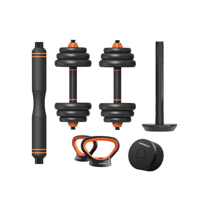 <p>El kit incluye varios discos de distintos pesos, juntamente con barras y soportes para pesas rusas, permitiendo personalizar todo tu equipo. Se pueden montar mancuernas, pesas rusas, barras con pesas y agarres para hacer flexiones.</p>