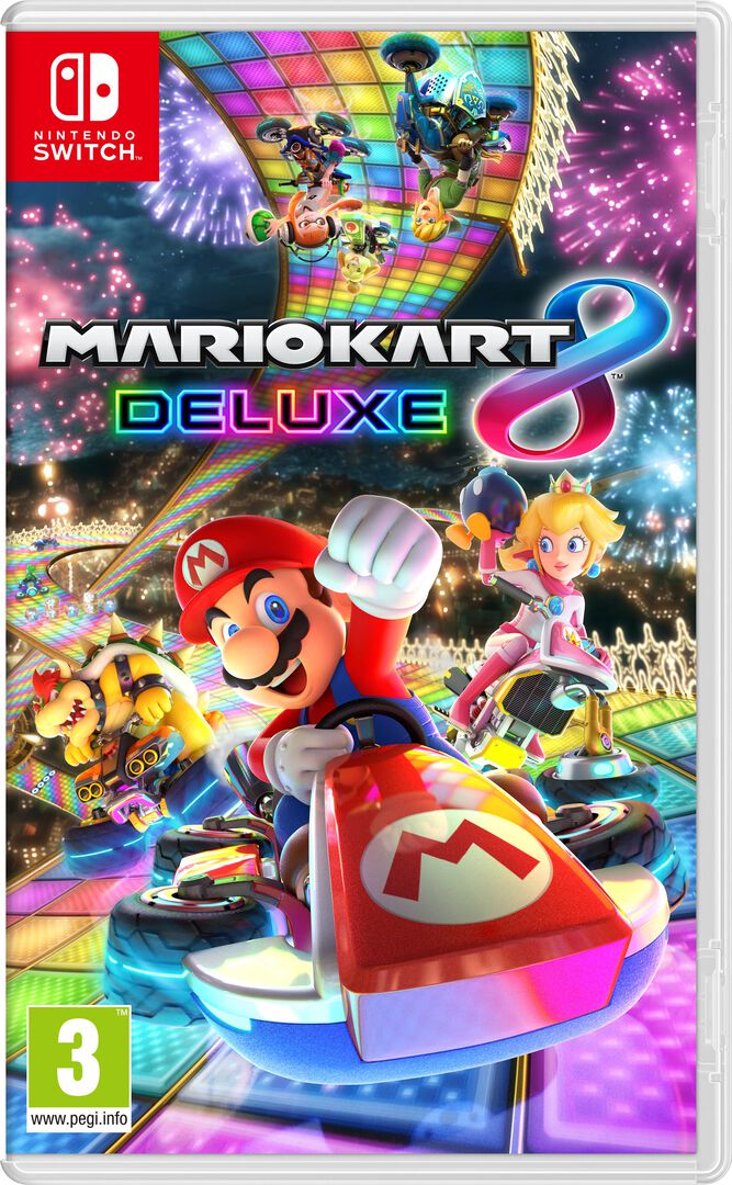 Este pack incluye el videojuego Mario Kart 8 Deluxe 
 
Video will open in a new window
Gracias a Nintendo Switch, los aficionados pueden disfrutar de la versión definitiva de Mario Kart 8 donde quieran y cuando quieran, incluso en partidas multijugador local para hasta ocho pilotos.
Los populares circuitos y personajes de la versión de Wii U están de vuelta, junto a los circuitos y personajes descargables, y además se unen a la parrilla personajes nuevos: Inkling chico e Inkling chica, de Splatoon; el Rey Boo; Huesitos y Bowsy. Por otra parte, el modo batalla se renueva por completo con la batalla de globos y el Bob-ombardeo, y con la inclusión de circuitos inéditos como el Parque Viaducto o el Estadio de Batalla, que se unen a viejos conocidos como la Mansión de Luigi (GCN) y el Circuito de Batalla 1 de Super Mario Kart (Super Nintendo Entertainment System). 
 Ahora se pueden llevar dos objetos simultáneamente, incluidos algunos de anteriores Mario Kart, como el ladrón de objetos Boo y la pluma, que permite saltar en las batallas. Además, los pilotos cuentan con la ayuda del nuevo volante inteligente, que ayuda a no salirse de la pista incluso en las pruebas de 200 cc. En modo televisor, el juego alcanza una resolución de 1080p.