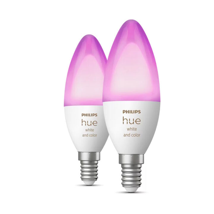 Pack Doble E14 HUE Philips.

LED integrado RGB.

Bridge no incluido.

Establece el ambiente perfecto para cualquier momento con las diversas y atractivas opciones de luz blanca natural. Utiliza la aplicaci&oacute;n para ajustar el tono de la luz blanca: de una luz fr&iacute;a energizante a una luz blanca c&aacute;lida relajante. Controla y ajusta el ambiente de manera precisa: ni muy brillante ni muy oscuro.

Juega con la luz y elige uno de los 16 millones de colores en la aplicaci&oacute;n hue seg&uacute;n tu estado de &aacute;nimo. Revive momentos especiales con tu foto favorita y toques de luz. Guarda tus ajustes de iluminaci&oacute;n favoritos y recup&eacute;ralos con un solo toque.