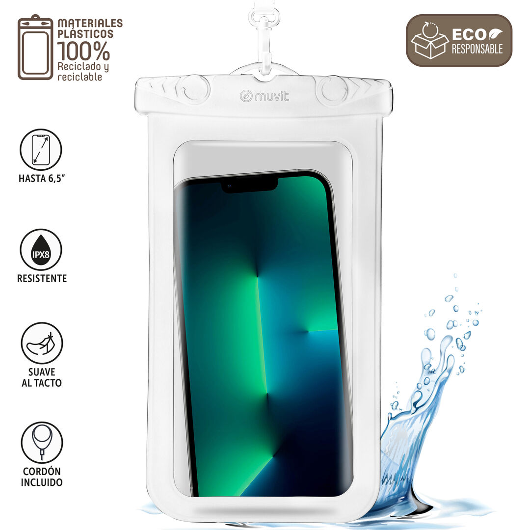 Si quieres ir a la playa o la piscina y necesitas la máxima protección para tus dispositivos, esta Funda Acuática, de la innovadora marca muvit for change fabricada en materiales y packaging 100% reciclados y reciclables, es lo que estabas buscando. Tu dispositivo, de hasta 6,5” pulgadas, estará protegido de forma segura frente a los líquidos y cualquier partícula  gracias a su protección IP-68.