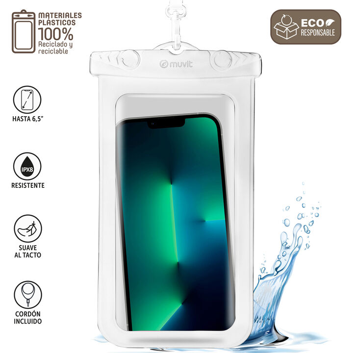 Si quieres ir a la playa o la piscina y necesitas la máxima protección para tus dispositivos, esta Funda Acuática, de la innovadora marca muvit for change fabricada en materiales y packaging 100% reciclados y reciclables, es lo que estabas buscando. Tu dispositivo, de hasta 6,5” pulgadas, estará protegido de forma segura frente a los líquidos y cualquier partícula  gracias a su protección IP-68.
