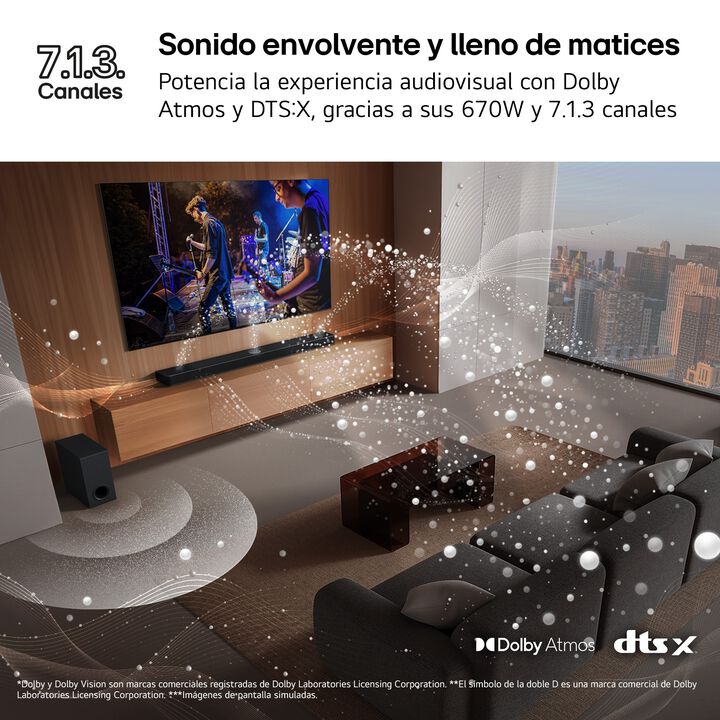 Barra 7.1.3 670 W Dolby Atmos con sub y altavoces traseros inalámbricos.