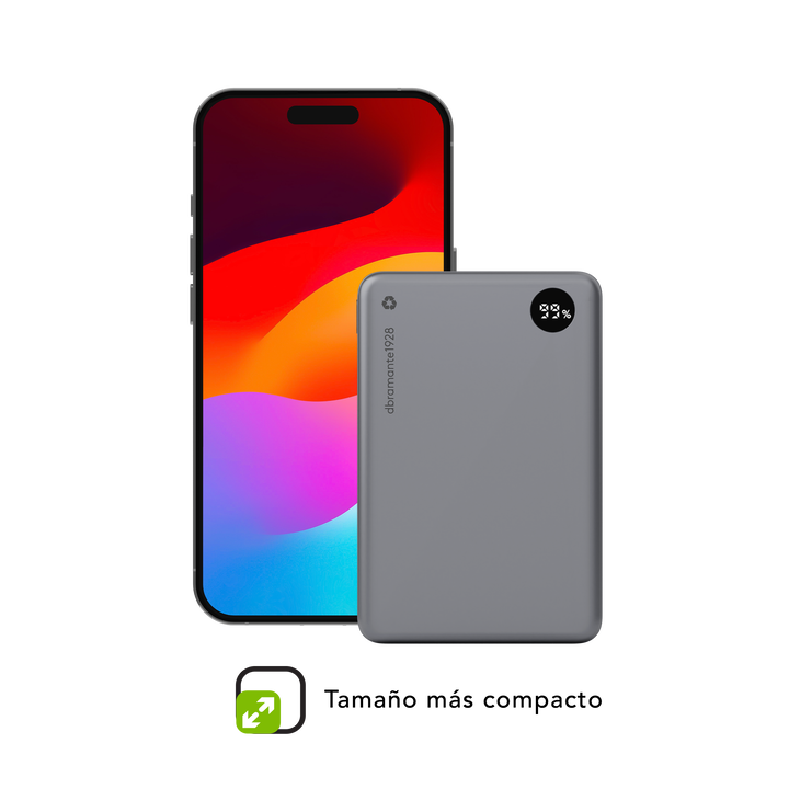 Power Bank Eco MAgsafe inal&aacute;mbrica de 10.000 Mah Fabricado con materiales pl&aacute;stico reciclado y recicables. 100% GRS certificado. Incorpora tambien un LED indicando si es necesario recargarla. Tambien cable USB C de carga.