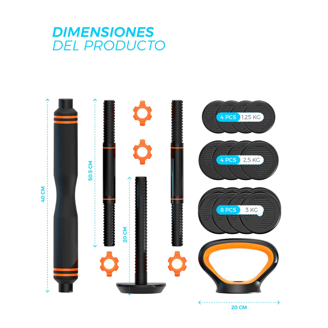 Smart kit 40kg mancuernas+barra+pesa rusa+sensor