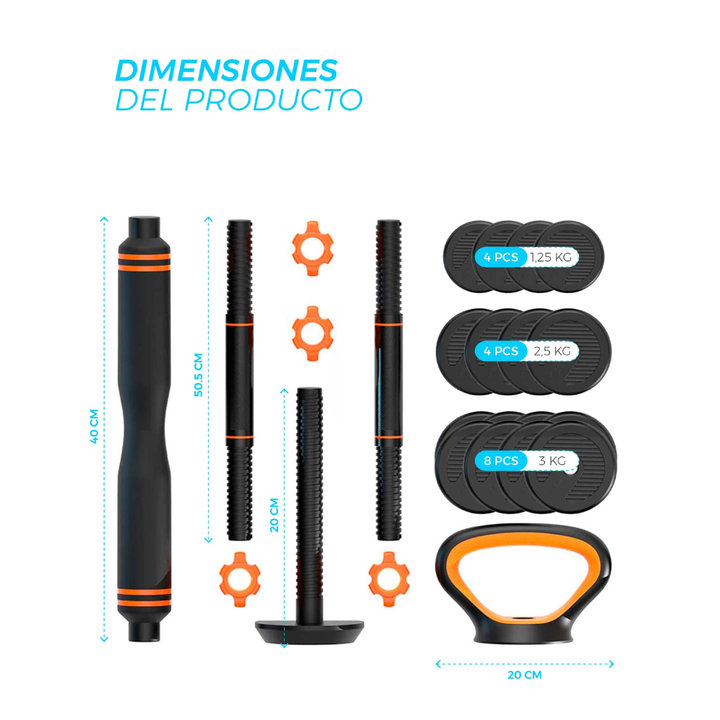 <p>El kit incluye varios discos de distintos pesos, juntamente con barras y soportes para pesas rusas, permitiendo personalizar todo tu equipo. Se pueden montar mancuernas, pesas rusas, barras con pesas y agarres para hacer flexiones.</p>