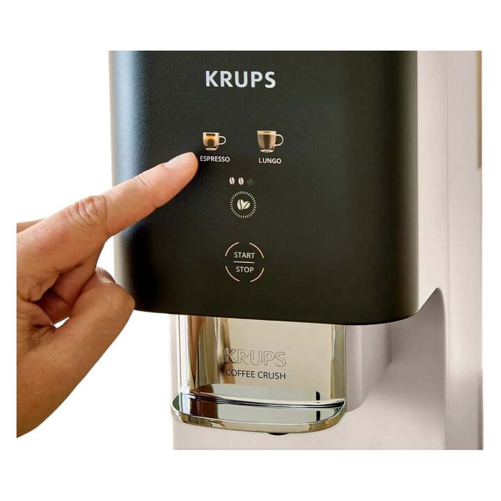 Cafetera autom&aacute;tica Krups Coffee Crush ultra compacta con caf&eacute; reci&eacute;n molido, 15 bares de presi&oacute;n y control t&aacute;ctil para preparar espresso o lungo a tu gusto.
