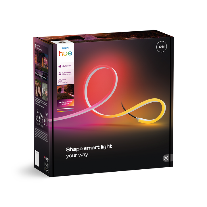 <p>Tira de Led HUE LightStrips Gradient para Exterior.</p>
<p>LED integrado RGB.</p>
<p>Bombilla incluida.</p>
<p>Bridge NO incluido.</p>
<p>A&ntilde;ade un brillo juguet&oacute;n a tu espacio de exterior con la tira de luz para exteriores Neon. La tecnolog&iacute;a Chromasync&trade; ofrece una combinaci&oacute;n precisa de colores para crear hermosos degradados en tu patio, senderos y plantas. Disfruta de una luz blanca brillante en cualquier tono natural para una iluminaci&oacute;n pr&aacute;ctica en exteriores. Las escenas de iluminaci&oacute;n personalizables y los efectos din&aacute;micos crean el ambiente perfecto para cada momento al aire libre. La instalaci&oacute;n es sencilla: con&eacute;ctala a una toma de corriente est&aacute;ndar mediante la fuente de alimentaci&oacute;n de baja tensi&oacute;n incluida o int&eacute;grala en su configuraci&oacute;n de baja tensi&oacute;n existente.</p>
<ul style="list-style-type: circle;">
<li><strong>Bombillas Compatibles:&nbsp;</strong>LED Integrado.</li>
<li><strong>Regulable:</strong>&nbsp;SI</li>
<li><strong>Cambio de Color (PowerLED):</strong>&nbsp;SI</li>
<li><strong>Adaptador de corriente incluido:</strong>&nbsp;SI</li>
<li><strong>Consumo (W)</strong>: 30</li>
<li><strong>Luminosidad (LM):</strong>&nbsp;1100 lm /m a 4000&ordm;k</li>
<li><strong>Bridge incluido:</strong>&nbsp;NO</li>
<li><strong>Largo (mm):</strong>&nbsp;10000</li>
<li><strong>Altura (mm):&nbsp;</strong>21</li>
<li><strong>Anchura (mm):</strong>&nbsp;11</li>
<li><strong>Material:&nbsp;</strong>Sint&eacute;tico</li>
<li><strong>Protecci&oacute;n IP:</strong>&nbsp;IP67 &nbsp;(fuente de alimentaci&oacute;n IP44)</li>
</ul>