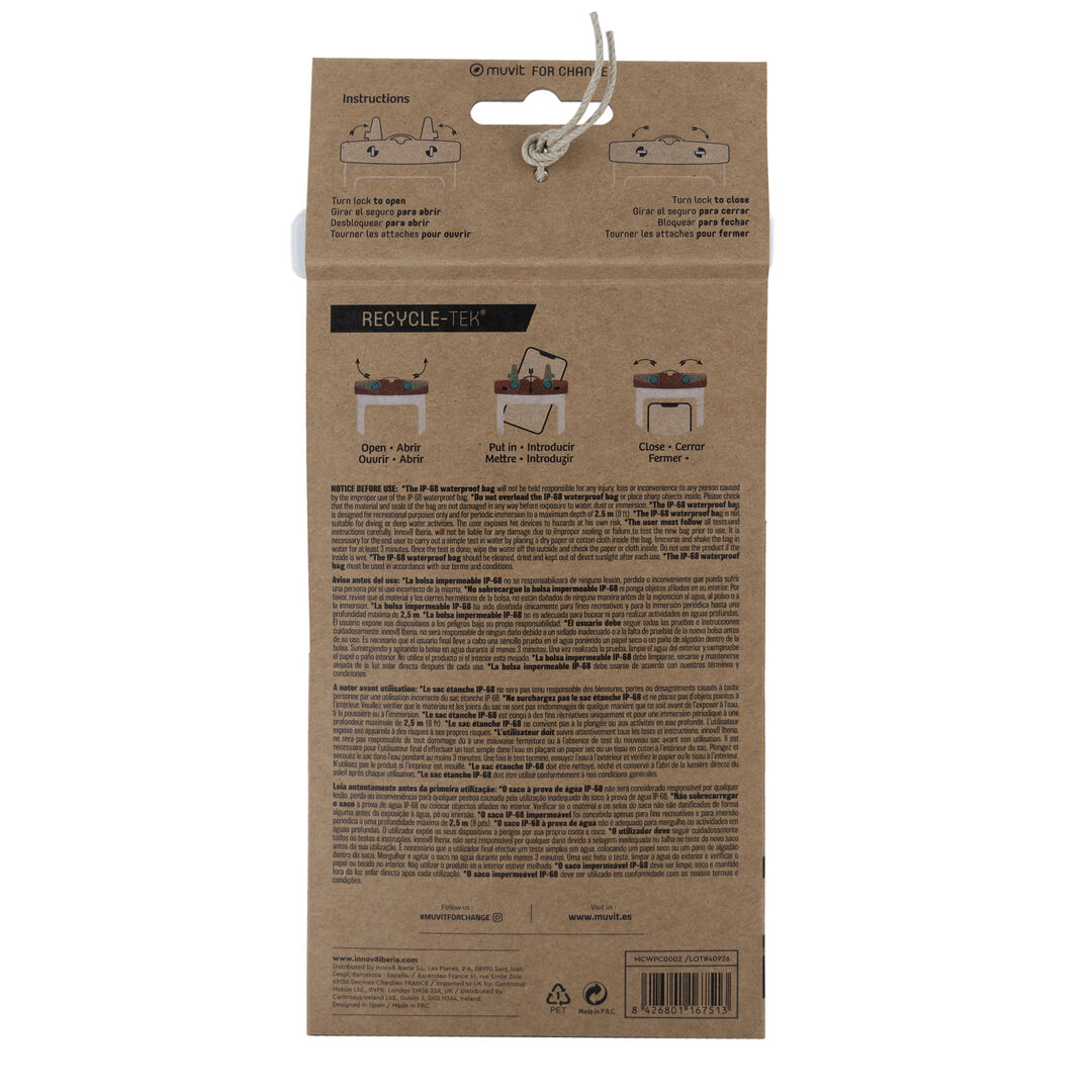 Si quieres ir a la playa o la piscina y necesitas la máxima protección para tus dispositivos, esta Funda Acuática, de la innovadora marca muvit for change fabricada en materiales y packaging 100% reciclados y reciclables, es lo que estabas buscando. Tu dispositivo, de hasta 6,5” pulgadas, estará protegido de forma segura frente a los líquidos y cualquier partícula  gracias a su protección IP-68.