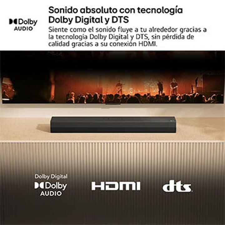 Barra compacta 2.0 con doble woofer, Dolby y AI Sound Pro, ideal para TVs pequeños.