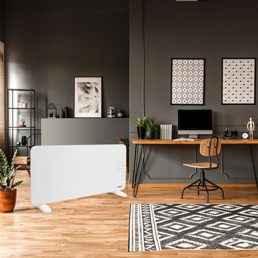 El Princess 348421 es un elegante calefactor de panel de vidrio dise&ntilde;ado para calentar cualquier estancia de forma r&aacute;pida y eficiente. Gracias a la conectividad Wi-Fi (2,4 GHz) y a su aplicaci&oacute;n dedicada, podr&aacute;s controlarlo f&aacute;cilmente desde cualquier lugar.