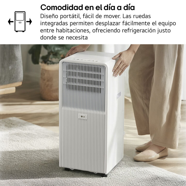 Aire acondicionado port&aacute;til LG TF09TAS, 1000 W, hasta 22 m&sup2;, funcionamiento silencioso desde 51 dB y dise&ntilde;o con ruedas para m&aacute;xima movilidad.