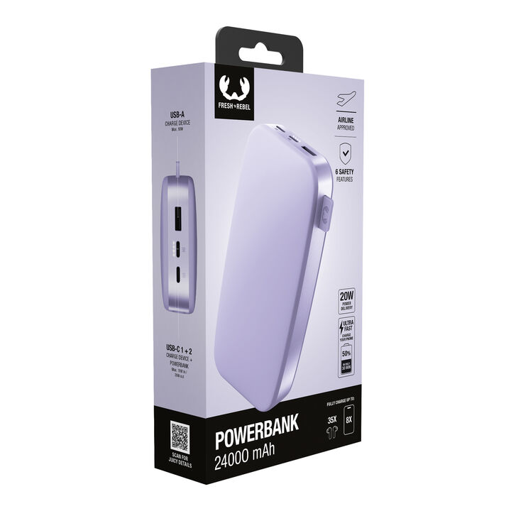 La Fresh n Rebel Powerbank de 24.000 mAh es una bater&iacute;a externa de gran capacidad con carga r&aacute;pida de 20W Power Delivery. Permite cargar varios dispositivos a la vez y ofrece autonom&iacute;a suficiente para varios d&iacute;as, siendo ideal para viajes, uso intensivo o compartir energ&iacute;a entre varios dispositivos.