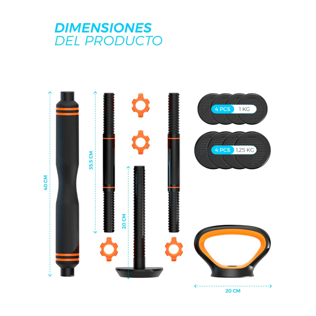 Smart kit 10kg mancuernas+barra+pesa rusa+sensor