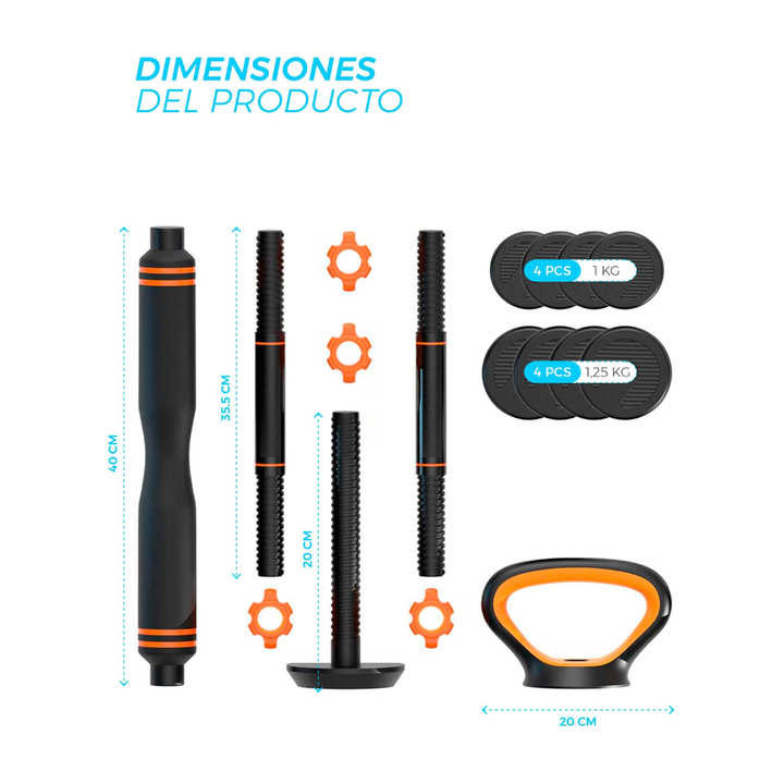 <p>El kit incluye varios discos de distintos pesos, juntamente con barras y soportes para pesas rusas, permitiendo personalizar todo tu equipo. Se pueden montar mancuernas, pesas rusas, barras con pesas y agarres para hacer flexiones.</p>