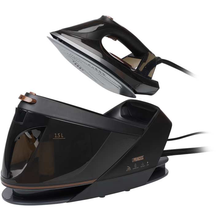 Potente centro de planchado de 3000 w y hasta 7,5 bares de presi&oacute;n de vapor. Perfecto para dejar la colada sin arrugas. Equipado con dep&oacute;sito de agua de 1,5 l y suela con revestimiento cer&aacute;mico.