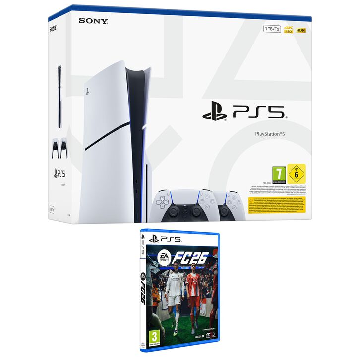 Pack PS5 DISCO 1Tb (CFI-2116 Slim Chasis E) con 2 mandos DualSense + videojuego EA SPORTS FC26