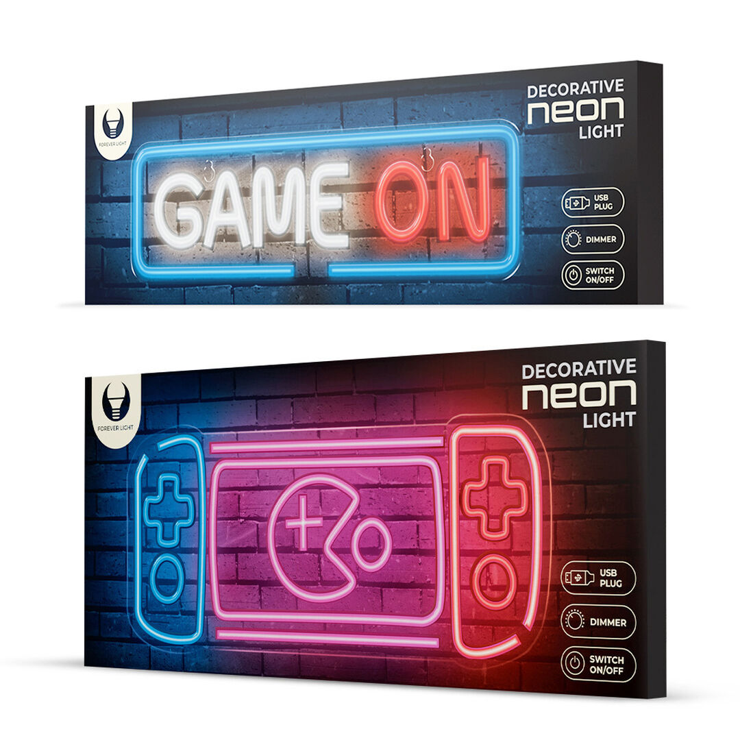Pack de luces neones Forever, que ofrece un resplandor colorido y uniforme. Pack gamer con las luces Game On y Consola.