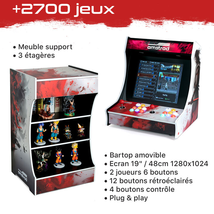 <!DOCTYPE html>
<html lang="es">
<head>
    <meta charset="UTF-8">
    <title>Caracter&iacute;sticas</title>
</head>
<body>

    <ul>
        <li>Contiene m&aacute;s de 2800 juegos</li>
        <li>Pantalla de 19" / 48 cm</li>
        <li>2 jugadores / 6 botones retroiluminados por jugador</li>
        <li>Altavoces integrados 2 x 20W</li>
        <li>CPU: Cu&aacute;druple n&uacute;cleo, CORTEX-A7 1.2 GHz</li>
        <li>GPU: MALI400MP2@600MHz</li>
        <li>Memoria: DDR3/1866 512MB</li>
        <li>Sistema de almacenamiento integrado: Micro SD 32GB</li>
        <li>2 joysticks</li>
        <li>4 botones de control (cr&eacute;dito, inicio, pausa, inicio)</li>
        <li>Estructura de madera</li>
        <li>Idioma del men&uacute;: Ingl&eacute;s</li>
        <li>Men&uacute; de b&uacute;squeda</li>
        <li>Fuente de alimentaci&oacute;n 220V</li>
    </ul>

</body>
</html>