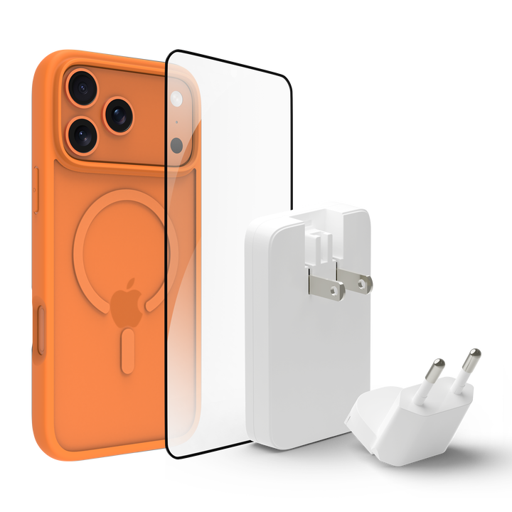 Funda iPhone 17 Pro Max, Naranja MS + ECOPROTECTOR + cargador 45W (carga r&aacute;pida)